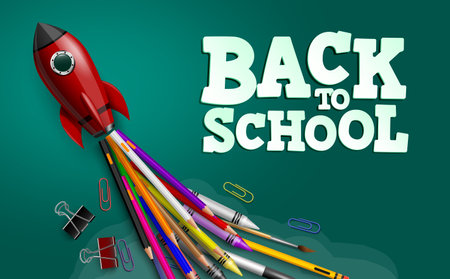 Back to school vector design. Back to school text with educational study elements like color pencil, crayon and clips in rocket toy launch for education activity background. Vector illustrationのイラスト素材