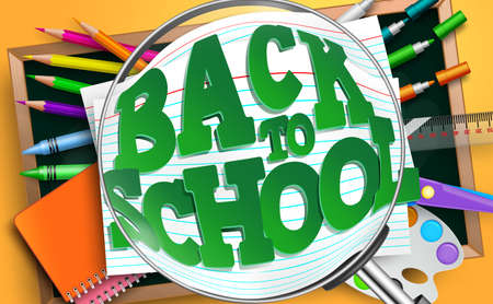 Back to school vector concept design. Back to school text in magnifying glass with education supplies like index card and color pencil element for educational study background. Vector illustrationのイラスト素材
