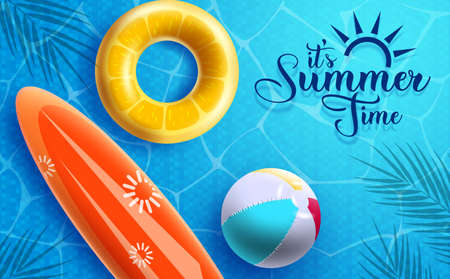 Summer time vector design. It's summer time text with floating elements like floaters, beach ball...