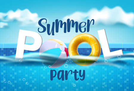 Summer pool party vector banner design. Summer pool party text in swimming pool background with floater and beach ball floating elements for fun and enjoy summer vacation. Vector illustrationのイラスト素材