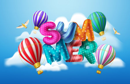 Summer 3d balloon text vector banner design. Summer balloons text in sky and clouds background with colorful air balloon for holiday season. Vector illustrationのイラスト素材