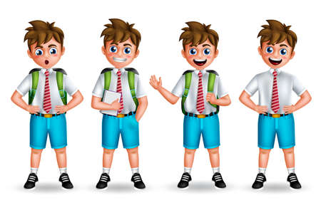School boy vector characters set. Back to school 3d kids character in standing pose and gestures isolated in white background for preschool educational collection design. Vector illustrationのイラスト素材
