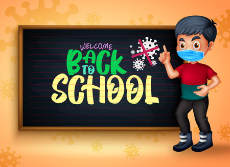 Back to school character vector banner design. Back to school text with 3d male student character in standing pose with chalkboard element for covid-19 prevention education. Vector illustrationのイラスト素材