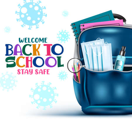 Back to school vector banner design. Welcome back to school stay safe text with elements like bag, face mask and sanitizer for safety education and covid-19 protection background. Vector illustrationのイラスト素材