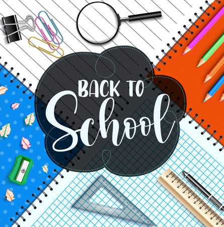 Back to school vector template design. Back to school text with notebook paper, color pencil and magnifying glass for student supplies and items decoration background. Vector illustrationのイラスト素材