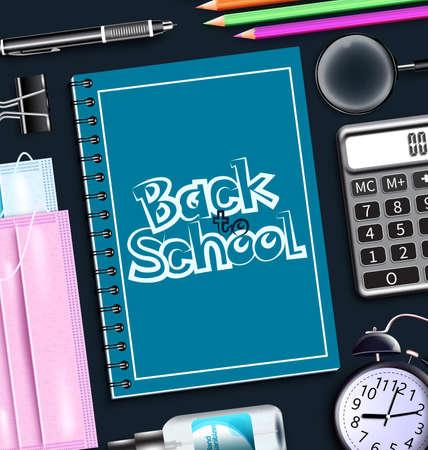 Back to school vector banner background. Back to school text in notebook element with covid-19 protection items like face mask and hand sanitizer for safety education design. Vector illustrationのイラスト素材