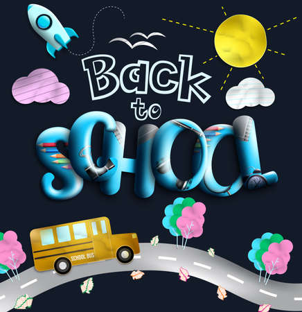 Back to school vector banner design. Back to school text with paper art decoration like school bus, tree and sun for creative student educational background. Vector illustrationのイラスト素材