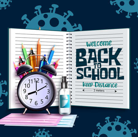 Back to school vector concept design. Welcome back to school keep distance text in notebook page with educational and safety elements for student education covid-19 protection. Vector illustrationのイラスト素材