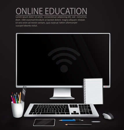 Online education vector background design. Online education text with monitor, keyboard and mouse device element for student e-learning course home school background. Vector illustrationのイラスト素材