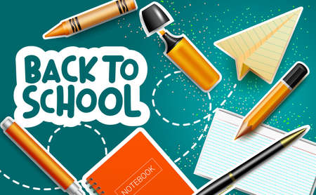 Back to school vector banner background. Back to school text with elements like crayons, notebook and marker for student education supplies design. Vector illustrationのイラスト素材