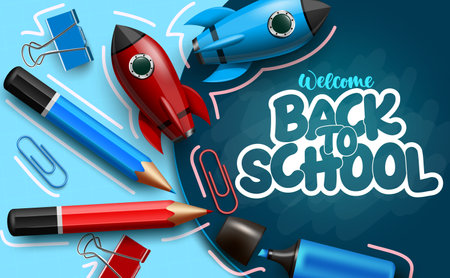 Back to school vector banner template. Welcome back to school text in chalkboard space with elements like rocket toy and color pencil for educational study design. Vector illustrationのイラスト素材
