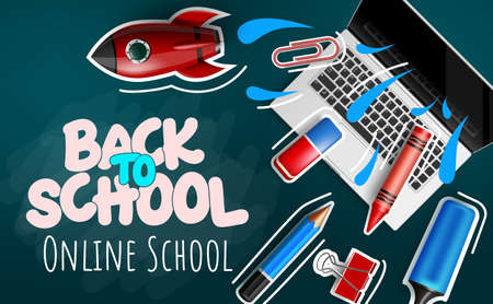 Back to school vector banner design. Back to school online text in chalkboard space with paper cut elements like laptop for e-learning educational study background. Vector illustrationのイラスト素材