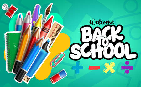 Back to school vector banner template. Welcome back to school text with paper cut elements like color pencil, marker and crayons for student education supplies background. Vector illustrationのイラスト素材