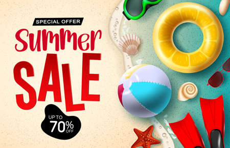 Sumer sale vector banner design. Summer sale 3d text up to 70% off discount with beach ball, floater and sunglasses element for summer special offer business promo. Vector illustrationのイラスト素材