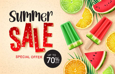 Summer sale vector banner design. Summer sale 3d text with special offer up to 70% promo discount with popsicle and fruit element for tropical season refreshment advertisement. Vector illustrationのイラスト素材