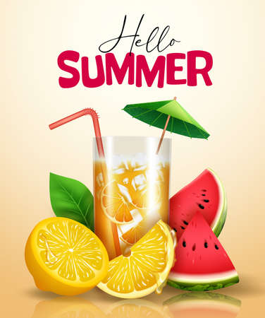 Hello summer vector poster design. Hello summer text with orange drink and watermelon fruit 3d realistic element for summer tropical season refreshment beverage. Vector illustrationのイラスト素材
