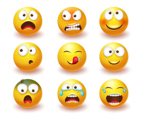 Smiley emoji vector set. Smileys 3d yellow icon in angry, laughing and crying facial expressions isolated in white background for emoticon character collection design. Vector illustrationのイラスト素材