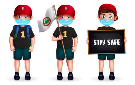 Boy character vector set. Back to school male student characters in standing and holding chalkboard stay safe and stop covid19 campaign for new normal education. Vector illustrationのイラスト素材