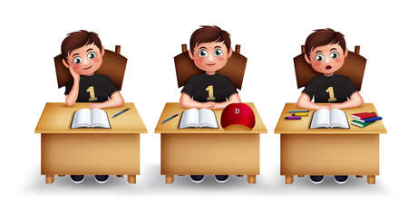 Male student character vector set. Boy back to school 3d characters in studying and sitting in desk isolated in white background for educational school student collection design. Vector illustrationのイラスト素材