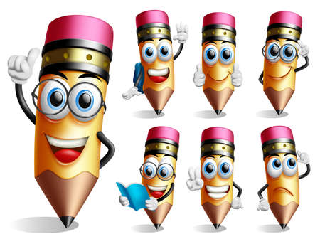 Pencils character vector set. Pencil 3d characters in thinking and reading pose and gestures isolated in white background for educational school supplies collection design. Vector illustrationのイラスト素材