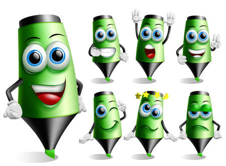 Highlighter character vector set. Marker stabilo characters in dizzy and sleepy facial expression isolated in white background for 3d educational school supplies collection design. Vector illustrationのイラスト素材