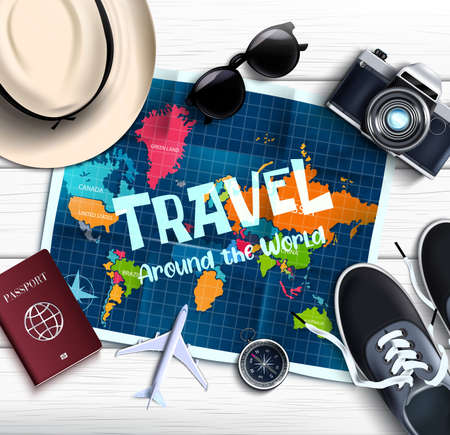 Travel around the world vector design. Travel around the world text with trip and tour elements like map, camera, sunglasses and hat for worldwide adventure. Vector illustrationのイラスト素材