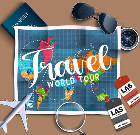 Travel world tour vector design. Travel world tour text with traveling element like map, sunglasses, airplane and magnifying glass for international trip and tour. Vector illustrationのイラスト素材
