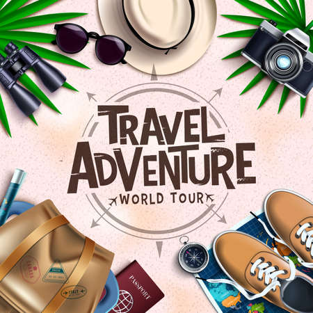 Travel adventure vector design. Travel adventure world tour text with tourist element like bag, sneakers, map and camera for worldwide travelling vacation. Vector illustrationのイラスト素材