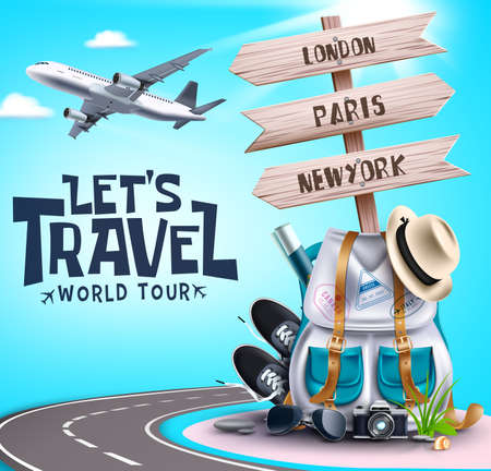 Let's travel world tour vector design. Let's travel world tour text with travelling elements like bag, sneakers and hat for international and worldwide adventure. Vector illustrationのイラスト素材