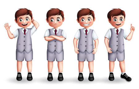 School student boy vector character set. Male 3d back to school students in uniform with pose and gestures of standing, smiling and sad expression for educational characters design.のイラスト素材