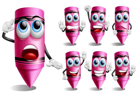 Crayon vector character set. Crayons 3d characters in friendly face with thinking, standing and waving pose and gestures for educational coloring items mascot design. Vector illustrationのイラスト素材