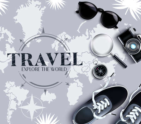 Travel world vector template design. Travel explore the world text in map background with shoes, magnifying glass and compass adventure elements for worldwide trip design. Vector illustrationのイラスト素材
