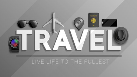Travel vector concept design. Travel live life to the fullest in 3d text with tour elements like camera, passport and phone for tourist destination visit design. Vector illustrationのイラスト素材