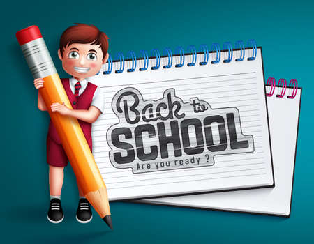 School boy vector character design. Back to school text with male 3d student holding pencil and writing in notebook element for kids education friendly learning design. Vector illustrationのイラスト素材