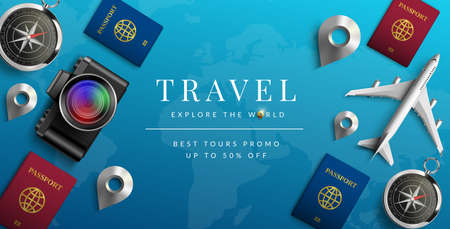 Travel vector background design. Travel explore the world text in 50% off promo discount with travelling elements like passport and airplane for international tour advertisement. Vector illustrationのイラスト素材