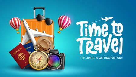 Travel time vector banner design. Time to travel text with travelling elements like airplane, compass, passport and luggage for tour visit and destination trip design. Vector illustrationのイラスト素材