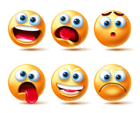 Emoji smileys vector set. Smiley 3d emojis characters in happy, shocked and sad emotion isolated in white background for emoticons character design collection. Vector illustrationのイラスト素材