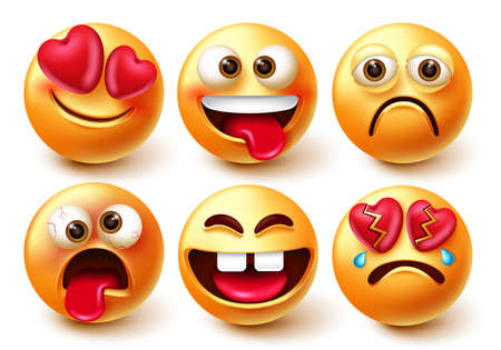 Emoticons smiley characters vector set. Emoticon 3d emojis isolated in white background with funny, crazy, in love and broken heart facial expression for smileys character collection design.のイラスト素材