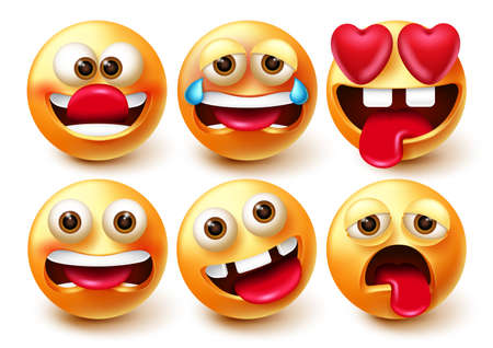 Smiley emoji vector set. Smileys 3d emoticon characters in funny, crazy, crying and in love facial expressions isolated in white background for emojis character collection design. Vector illustrationのイラスト素材