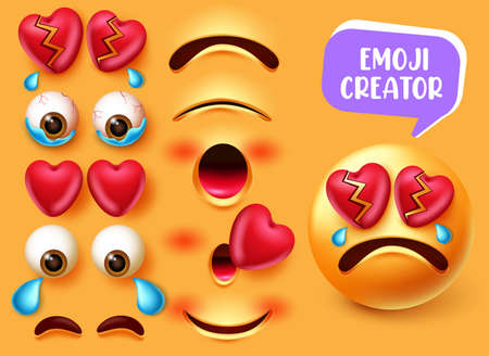 Emoji creator vector set design. Emojis 3d in crying and broken heart character with editable eyes and mouth face kit elements for creation emoticon facial expression. Vector illustrationのイラスト素材