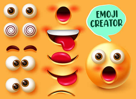 Emoji creator vector set. Emojis 3d character kit in facial expressions of surprised with editable face elements like eyes and mouth for emoticon face design. Vector illustrationのイラスト素材