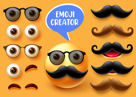 Emoji male creator vector set. Emojis 3d man character kit with face elements like eyes mouth and mustache for emoticon facial expression collection design. Vector illustrationのイラスト素材