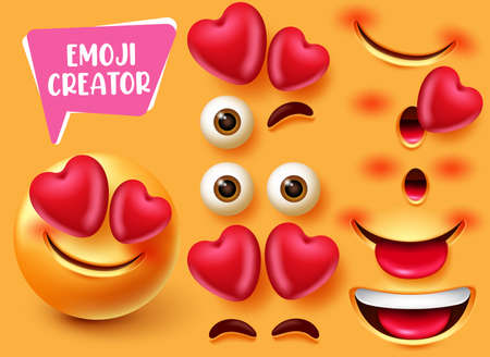 Emoji creator vector set design. Emoticon 3d in love and happy character with editable eyes, heart and mouth elements for cute facial expression emoticon. Vector illustrationのイラスト素材