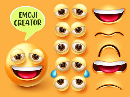 Emoji creator vector set. Emoticon 3d character in facial expressions of happy, sad and angry with editable eyes and mouth elements for emojis emotion design. Vector illustrationのイラスト素材