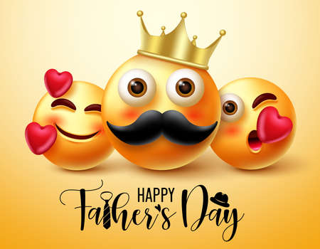 Father's day emoji vector banner design. Happy father's day text with 3d father and children character celebrating male parents day for smiley celebration design. Vector illustrationのイラスト素材