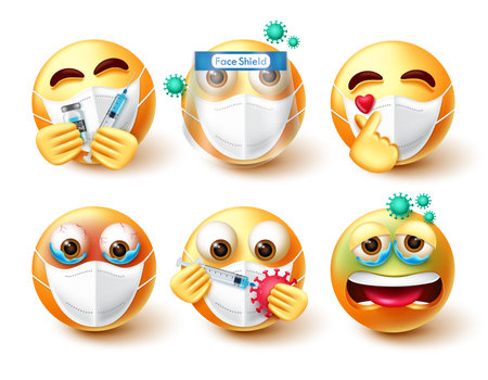 Covid-19 emoji set. Emojis 3d characters in safe and sick expression with face mask, vaccine and shield element for coronavirus protectionのイラスト素材