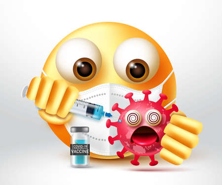 Emoji covid-19 vaccine design. Emoticons 3d character killing virus by injecting vaccine for pandemic vaccination campaignのイラスト素材