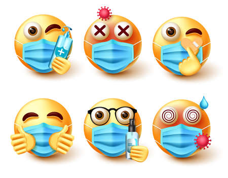 Covid-19 emoji set. Emoticons 3d character in new normal safety elements like face masks, alcohol and sanitizer for safety campaignのイラスト素材