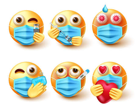 Emoji covid-19 set. Emoticon 3d emojis in safety guidelines like getting vaccine, wash hands and temperature check for new normal safetyのイラスト素材