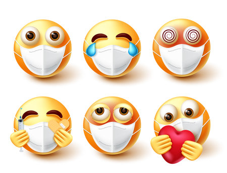 Emoji covid-19 set. Emoticons 3d characters in face mask with expressions of sick, dizzy and care for pandemic campaignのイラスト素材